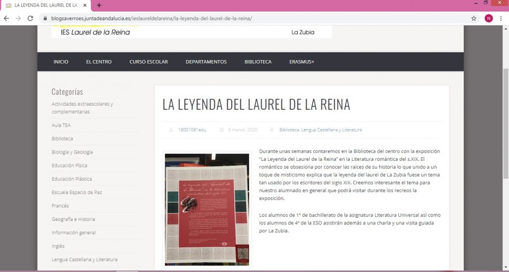Captura de pantalla de la web del IES Laurel de la Reina